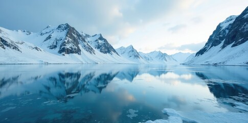 Frozen lake with surrounding mountains at Northern tip of Prins Karls Forland Spitsbergen, landscape, geography
