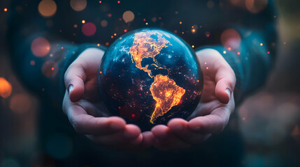 Fototapeta premium Illustration - Earth in Hands, Global, World, Planet, Care, Environment, Responsibility, Sustainability, Future, Hope