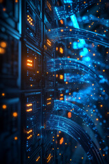Fototapeta premium Futuristic data server with glowing digital connections, vertical high-tech network illustration