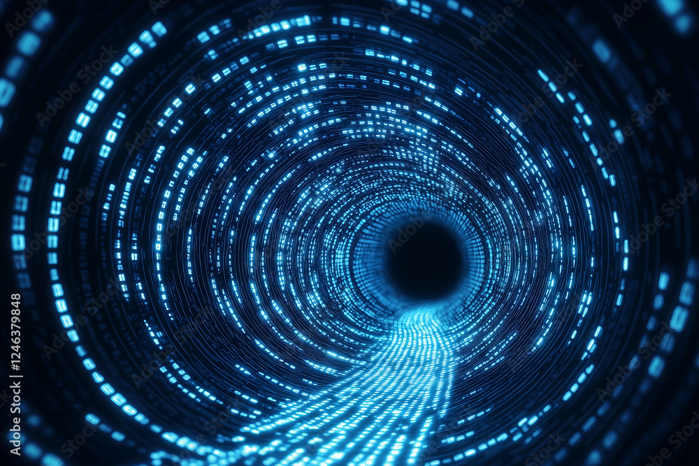 Poster digital vortex: journey into a mesmerizing digital tunnel of swirling binary code, a vibrant blue st