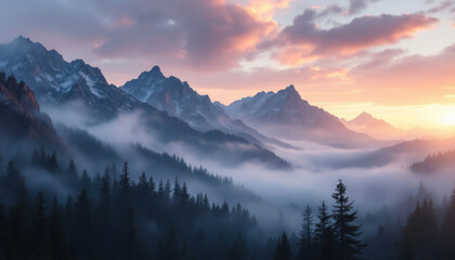 Obraz premium Misty Mountain Majesty at Sunrise: A Breathtaking View