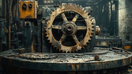 Fototapeta premium Rusty Gear Mechanism in an Abandoned Industrial Workshop Showcasing Decay and Neglect Over Time