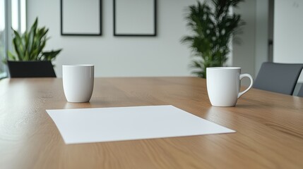 Two mugs and blank paper on office meeting table