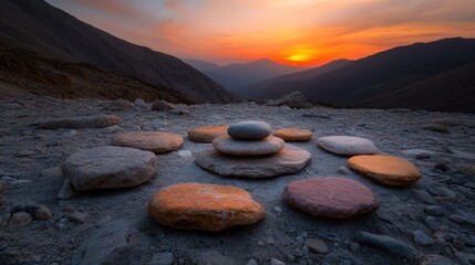 A collection of diverse stones meticulously arranged in a circular pattern, illuminated by a warm sunset light, creating a visually appealing scene that represents balance and harmony.