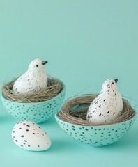 Two birds sit in a nest containing eggs, set against a serene blue background, showcasing the beauty of nature and avian life.