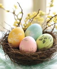 Fototapeta premium A nest containing four eggs is nestled among branches adorned with delicate flowers, showcasing nature's beauty and intricacy.