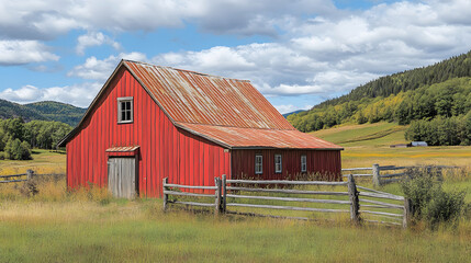 Obraz premium Rustic red barn in serene countryside landscape nature photography tranquil environment panoramic view