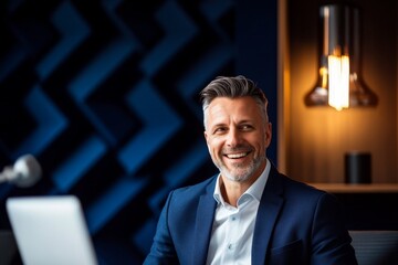 Professional man smiling in modern office environment during daytime, highlighting positive work atmosphere and confidence