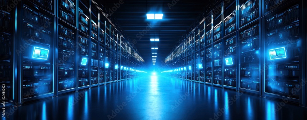 Poster a dimly lit data center corridor with rows of servers, illuminated by blue lights, creating a futuri