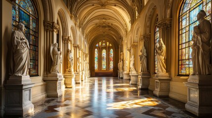 Obraz premium Graceful Corridor with Stained Glass and Elegant Statues Interior