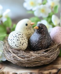 Fototapeta premium Two birds are perched in a nest containing eggs, surrounded by vibrant flowers, symbolizing nature's beauty and nurturing life.