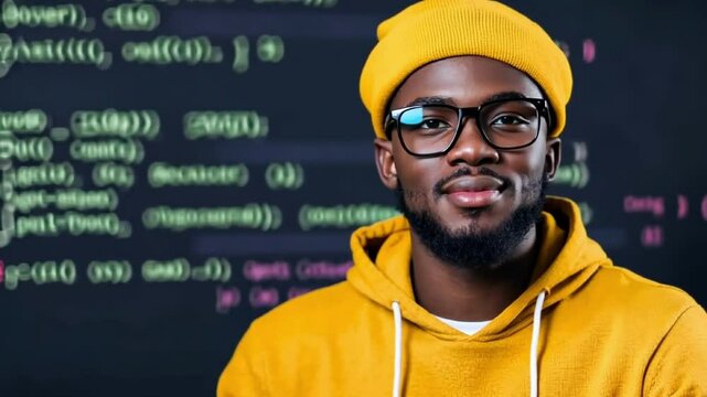 Coder in yellow hoodie smiling confidently against computer code background