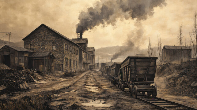 Broken Tracks Lead Through a Foggy Industrial Landscape in a Historical Coal Mining Town