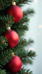 Obraz premium Decorative red Christmas ball wreath on branch, , christmas balls, red