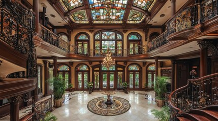 Obraz premium Elegant Mansion Interior with Stained Glass Windows and Ornate Design