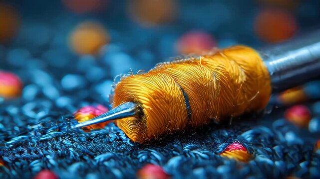 A close-up macro shot of a sewing needle piercing through multicolored embroidery thread adorned with tiny sparkling beads