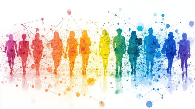 Colorful silhouettes of women walking, interconnected by lines, symbolizing networking and collaboration.