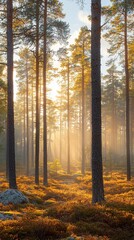 Fototapeta premium Sunlit autumn forest path, misty morning, nature scene, ideal for nature/travel publications