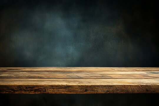 Rustic wooden table, dark moody background, product display