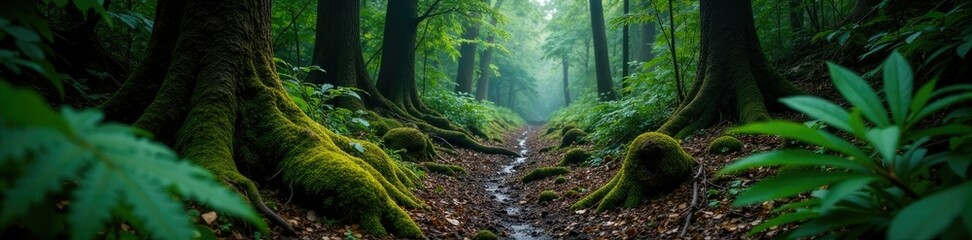 Dark forest floor with fallen branches and ferns, forest decay, tree debris, dark forest floor