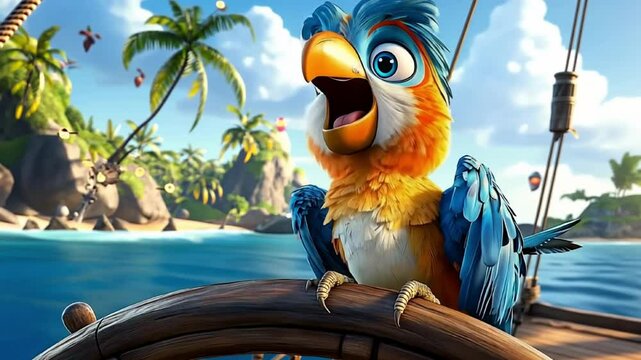 Vibrant animated parrot steers ship in tropical island adventure