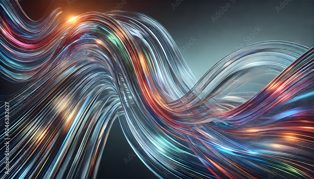Poster a stunning display of flowing light waves in blue and gold hues, creating a futuristic and dynamic a