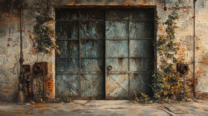 Old Industrial Door With Peeling Paint and Creeping Vines in an Abandoned Urban Setting at Dusk