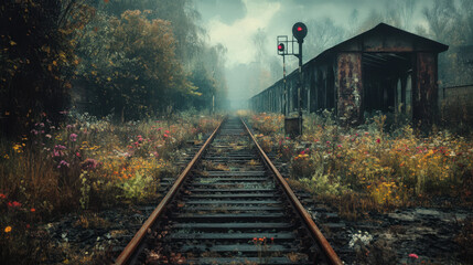 Naklejka premium Train Tracks Lead Through an Overgrown Landscape With a Distant Signal, Capturing a Mysterious Atmosphere in an Abandoned Area