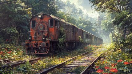 Obraz premium Rustic Train in Lush Forest Overgrown With Flora and Vibrant Flowers During Early Morning Light