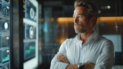 Professional male analyst observing data trends in a modern office environment during a busy workday