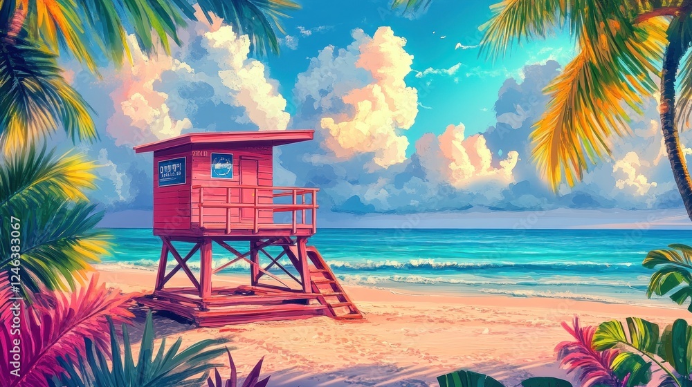 Poster a vibrant beach scene featuring a lifeguard tower beside calm waves and colorful clouds.