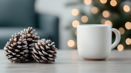 Cozy winter scene pine cones, coffee mug, Christmas lights