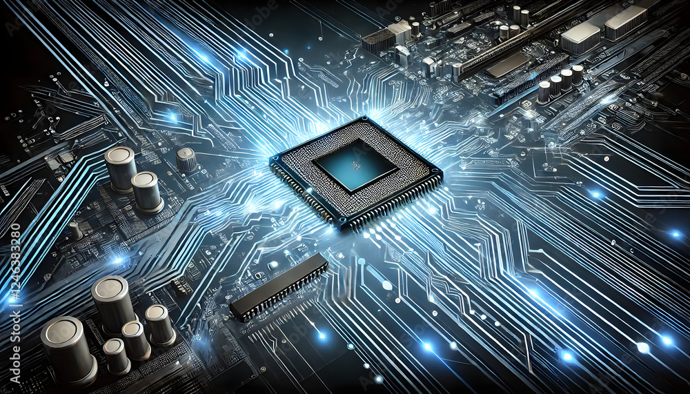 Poster a detailed view of a microchip and circuit board with glowing blue lines, showcasing technology, inn