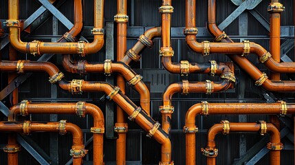 Industrial Pipes with Rusty Finish and Metallic Connections