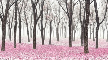 Serene snowfall among blossoming trees enchanted forest nature scene tranquil environment wide angle beauty of seasons