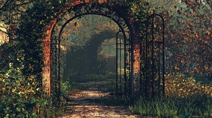 Obraz premium Enchanted Garden Pathway with Arches and Lush Foliage