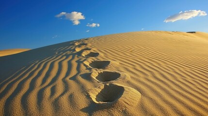 Naklejka premium Footprints on Sandy Dune under Clear Blue Sky with Soft Clouds