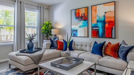 Stylish contemporary living room featuring a sleek sofa, elegant coffee table, and tasteful lighting