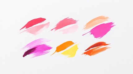 Fototapeta premium Watercolor lip prints in various shades of red, pink, and orange. Lip prints in different colors, showcasing vibrant lipstick shades on a light pink background. Element vector collection.