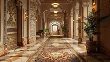 Obraz premium Arched Hallway with Elegant Decor and Luxurious Lighting Design