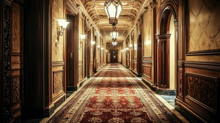 Elegant hallway with vintage chandeliers and ornate decor