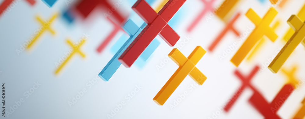 Poster colorful overlapping crosses create modern and stylish abstract scene. vibrant red, blue, and yellow