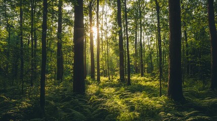 Fototapeta premium Sunlight Filtering Through Lush Green Forest Trees in Early Morning