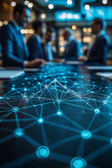 Business team discussing digital network connections, futuristic technology concept