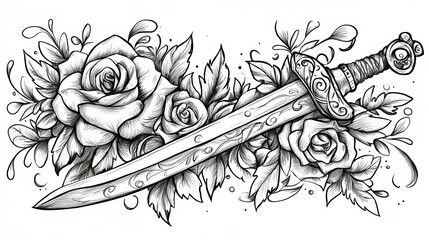 Artistic sword and roses design tattoo concept floral arrangement black and white illustration close-up view bold imagery