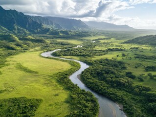 Fototapeta premium Scenic aerial view of lush valley landscape with winding river and mountain range