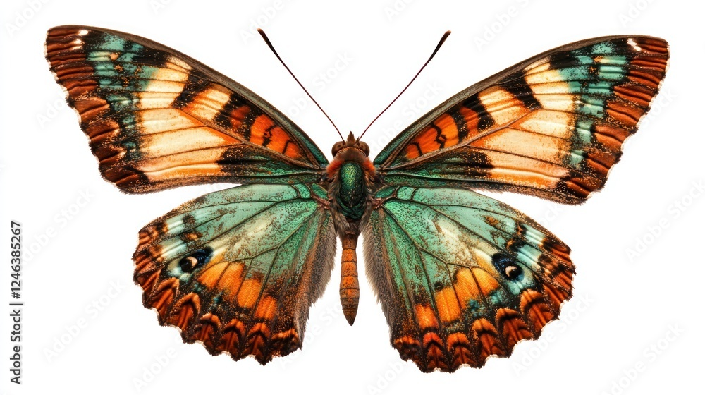Poster a vibrant butterfly with intricate patterns in shades of turquoise and orange.