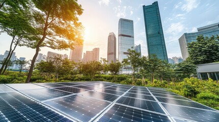 Solar Panels in Urban Setting with Skyscrapers and Natural Light