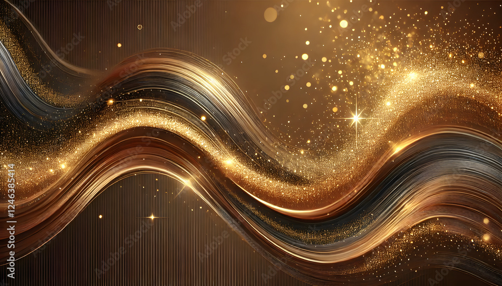 Poster abstract composition of flowing golden waves adorned with sparkling particles, evoking luxury, elega