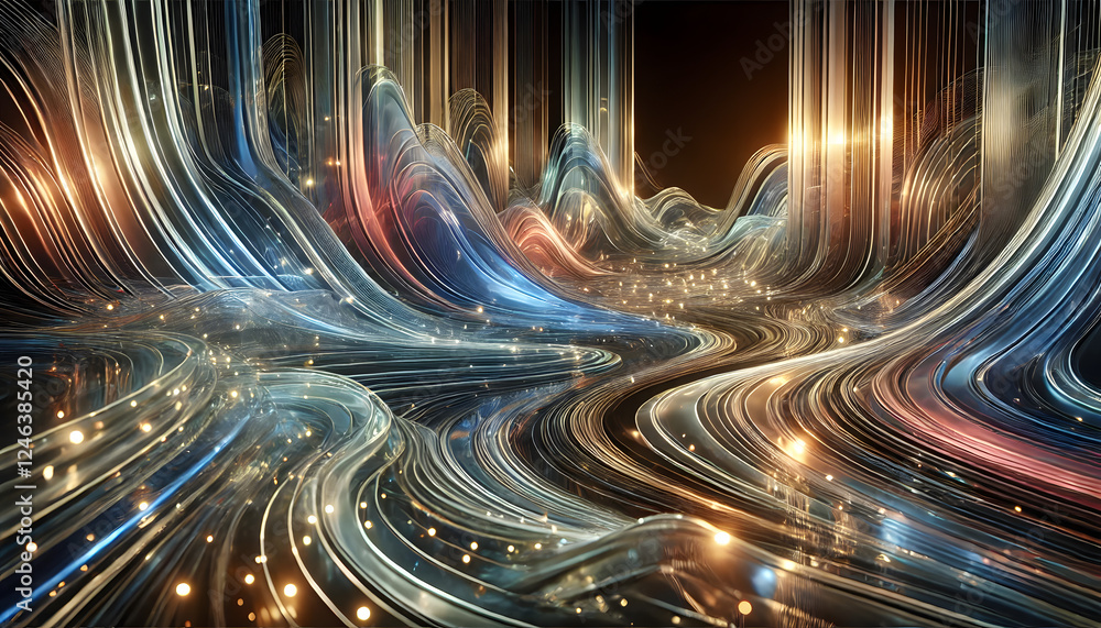Poster a stunning display of flowing light waves in blue and gold hues, creating a futuristic and dynamic a
